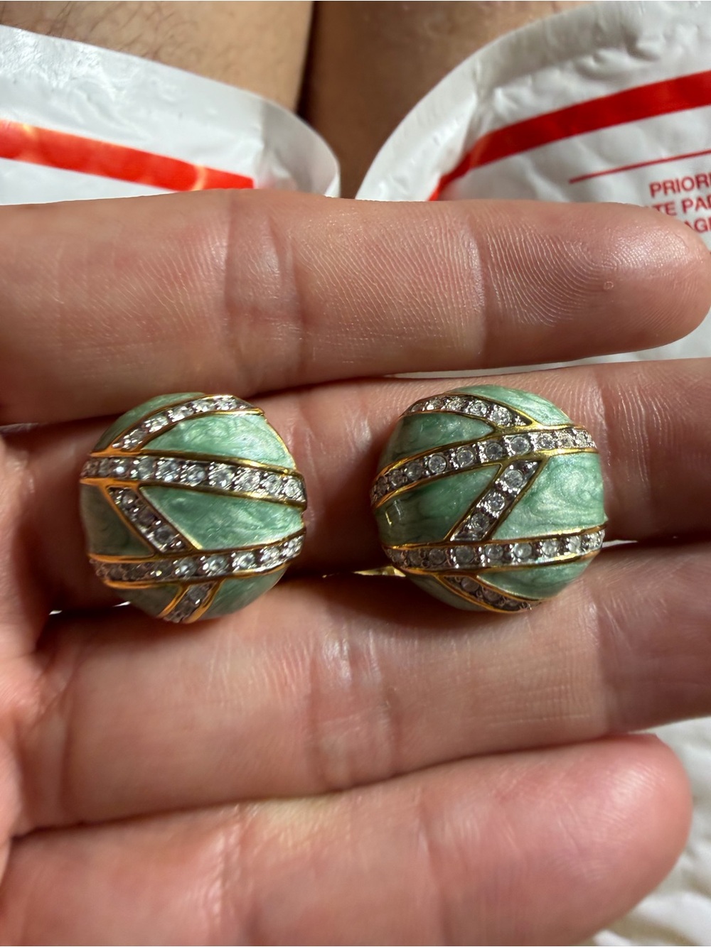 Vintage-Inspired Green Enamel and Crystal Dome Clip-On Earrings